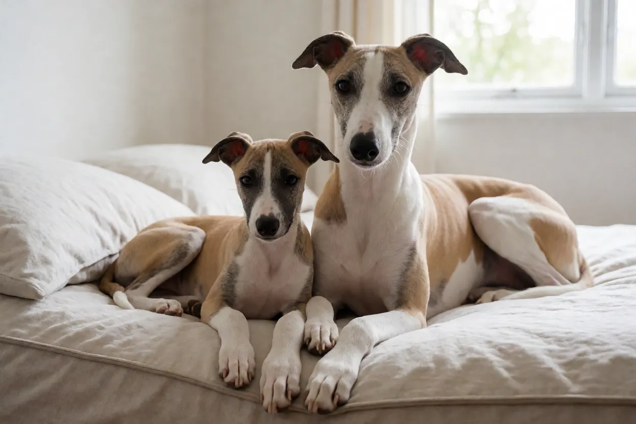 Filhote de Whippet com a m&atilde;e em ambiente limpo