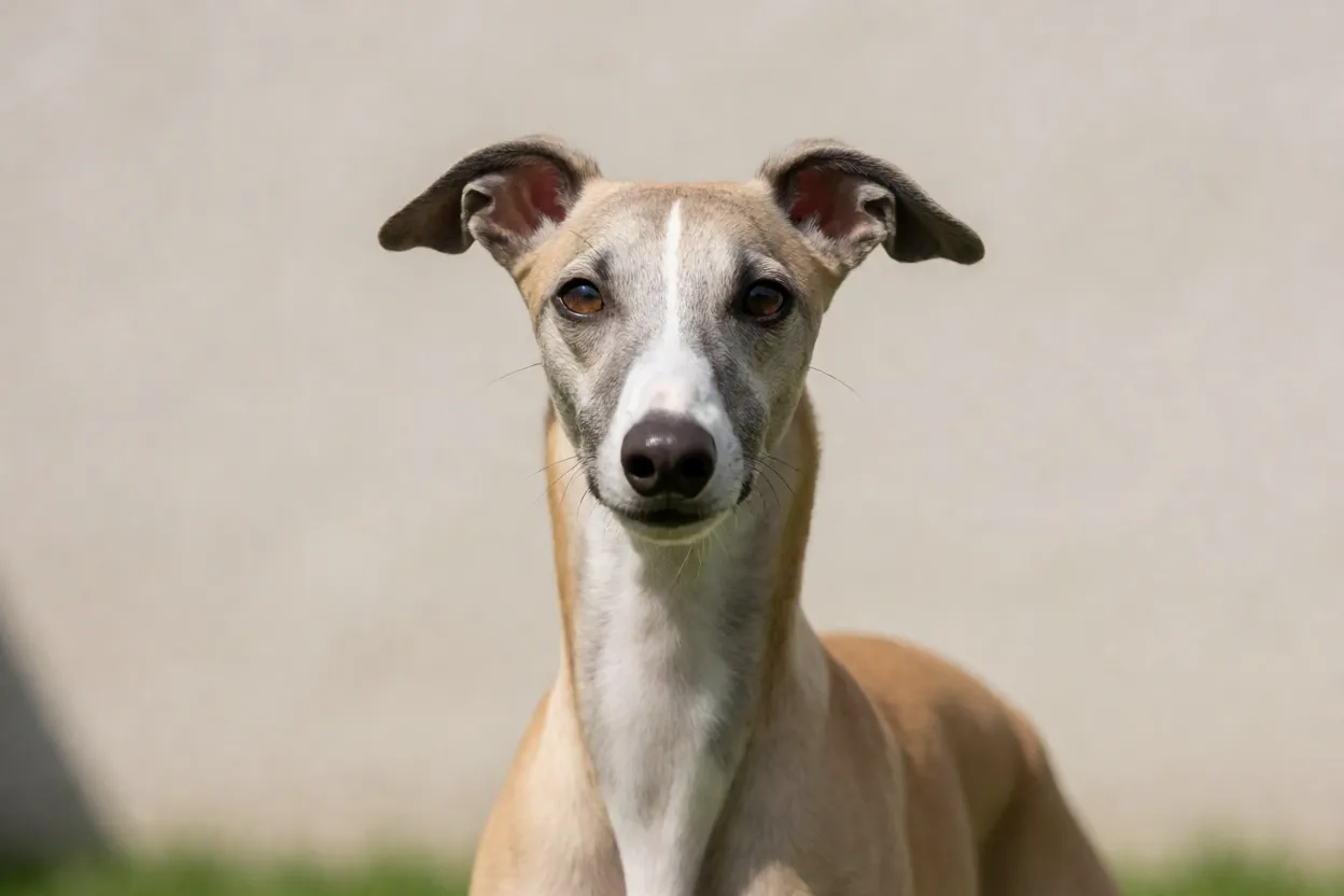 Whippet olhando para a c&acirc;mera em retrato de est&uacute;dio natural