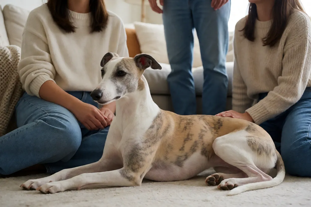 Whippet deitado ao lado da fam&iacute;lia em casa