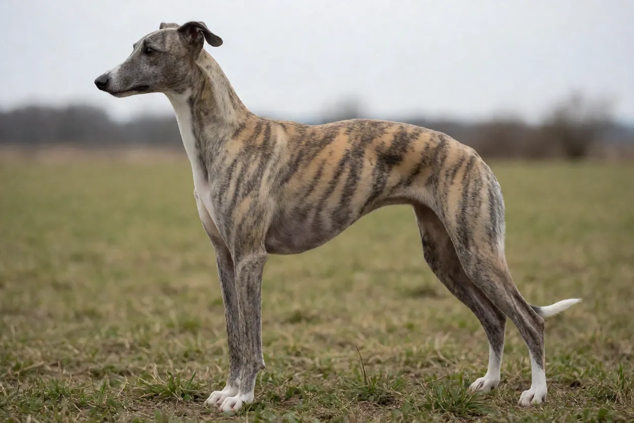 Whippet adulto tigrado mostrando silhueta esguia e peito profundo