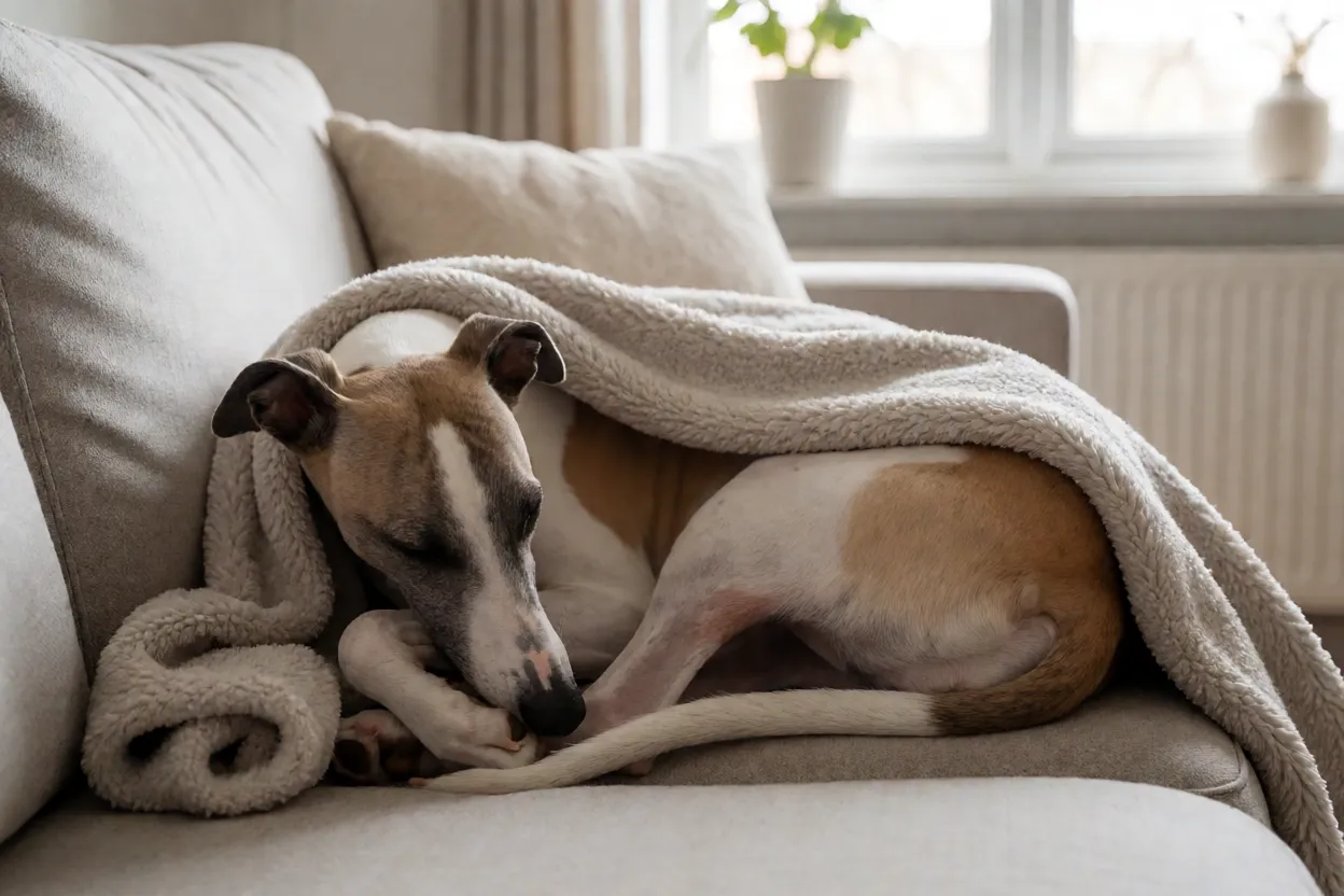 Whippet dormindo em um sof&aacute; com cobertor