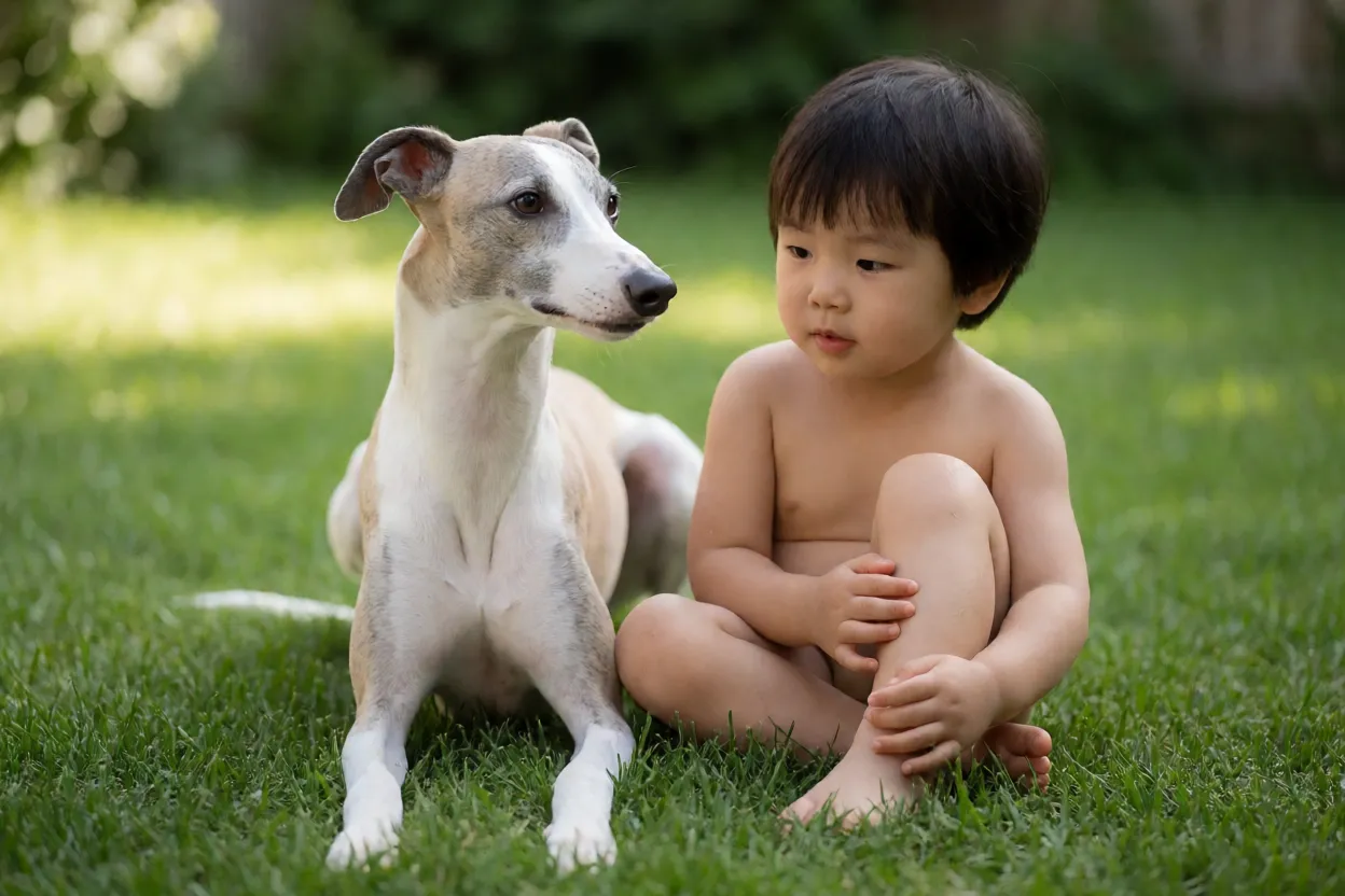 Whippet ao lado de uma crian&ccedil;a sentada no gramado