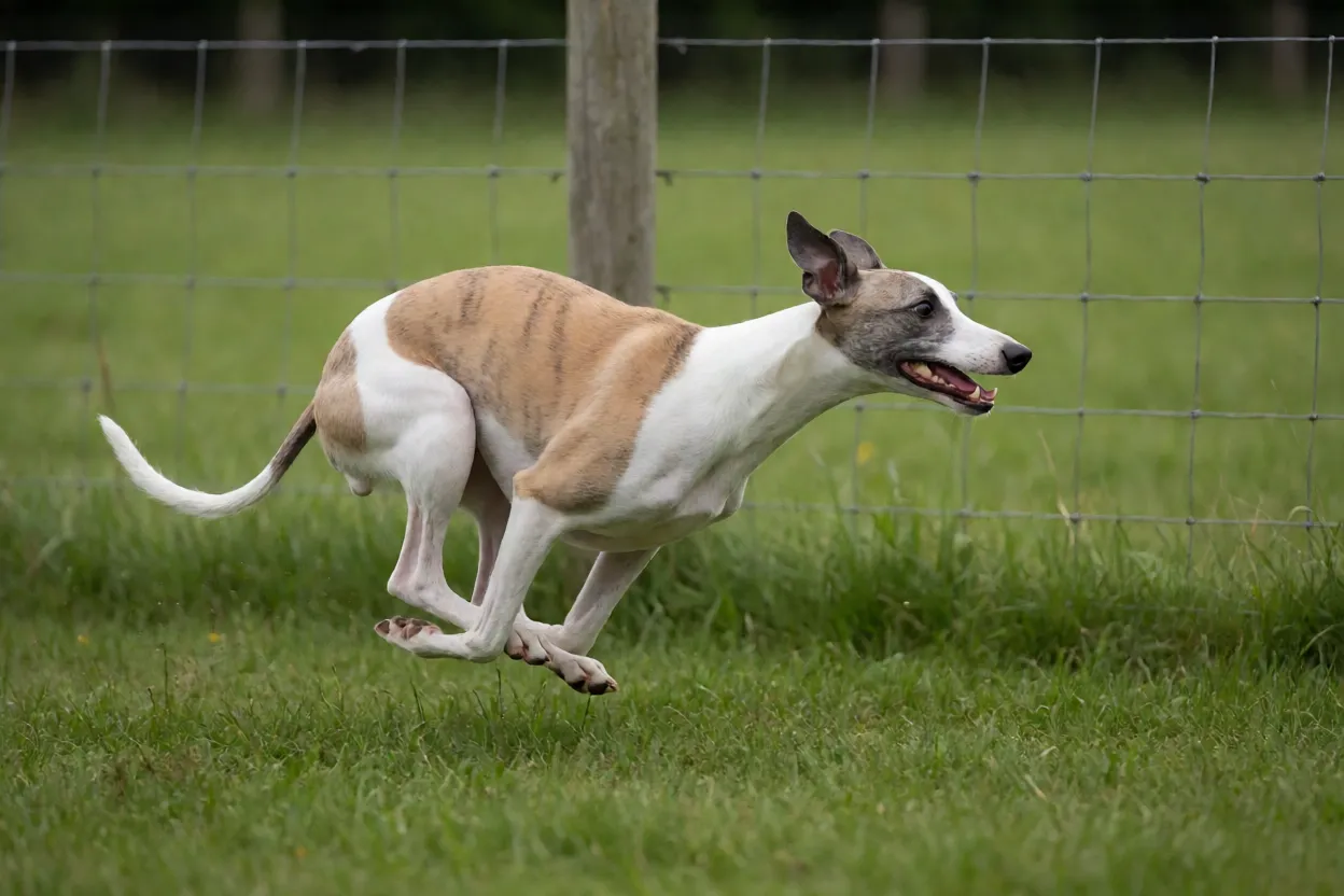 Whippet correndo em velocidade em campo cercado