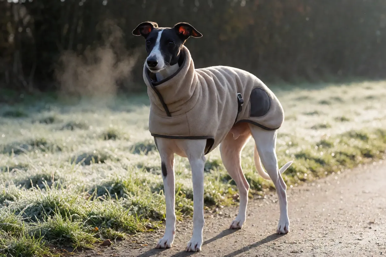 Whippet usando capinha de frio durante passeio matinal