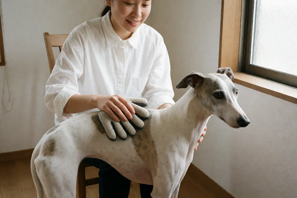 Tutor escovando um Whippet com luva de borracha