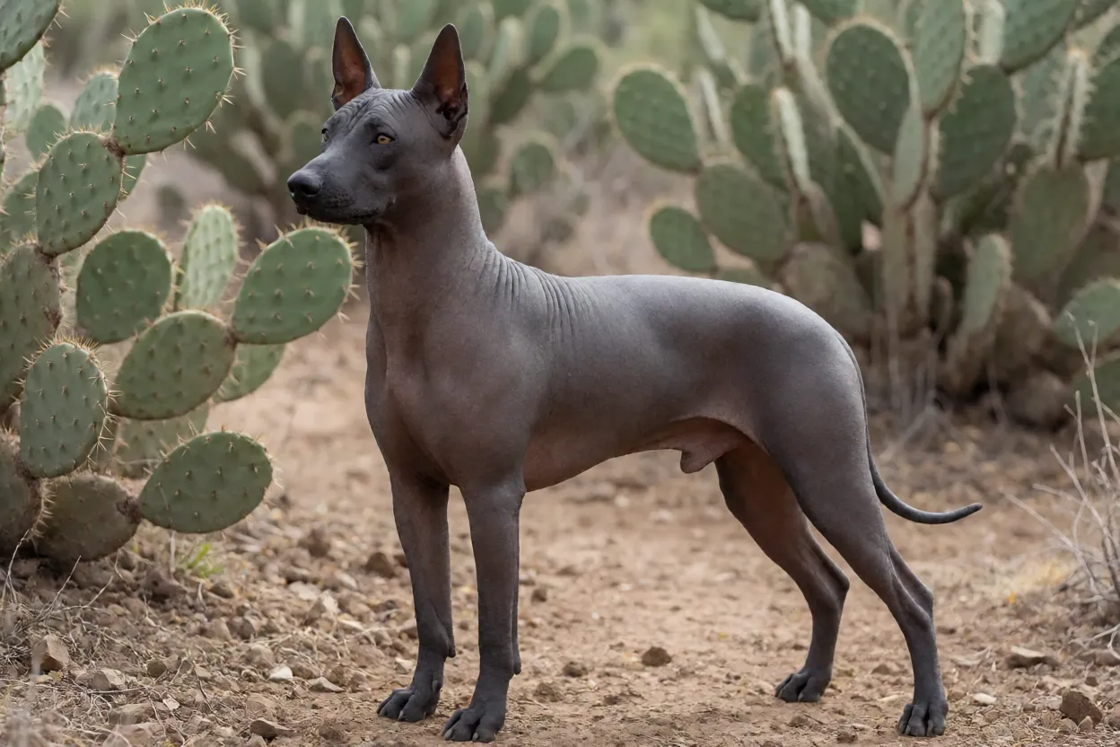Xoloitzcuintle standard pelado em pé ao ar livre mostrando corpo atlético e pele cinza-ardósia