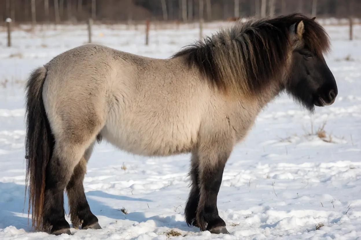 Cavalo Yakutiano adulto de corpo inteiro na neve mostrando pelagem espessa de inverno