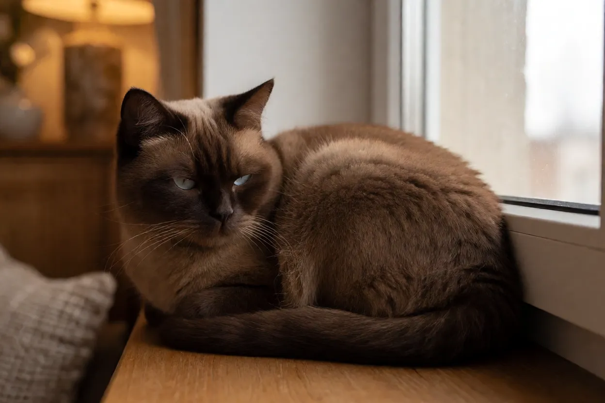 Gato York Chocolate descansando enrolado no peitoril da janela em apartamento