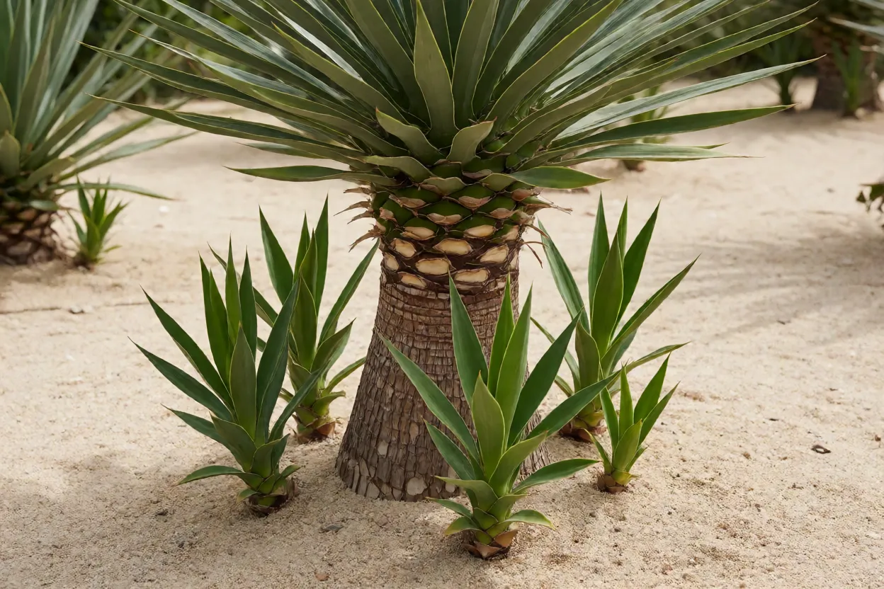 Peda&ccedil;o de tronco de yucca-elefante com brotos plantado em substrato arenoso