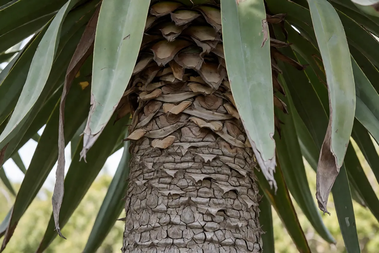 Detalhe do tronco rugoso e das folhas em forma de espada da yucca-elefante