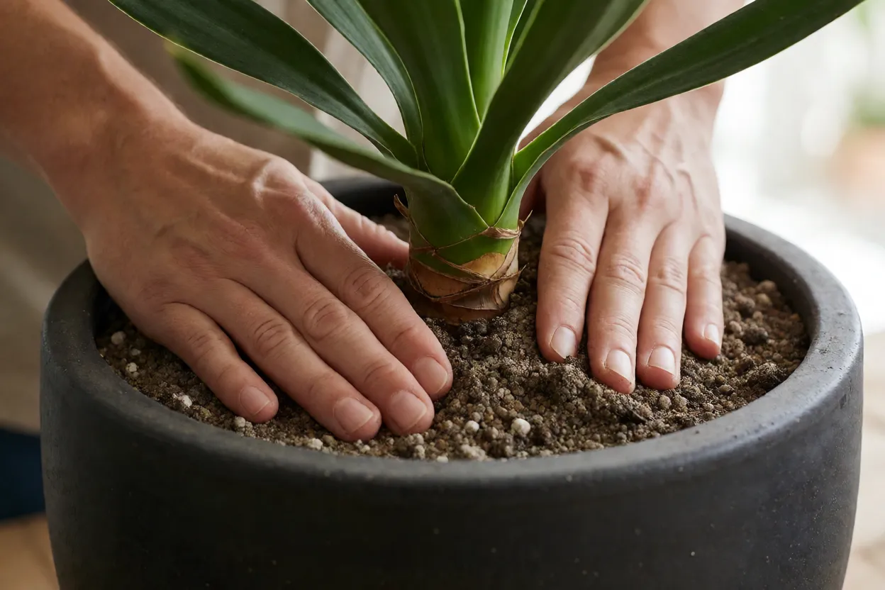 Mistura de substrato com areia grossa para plantar yucca-elefante