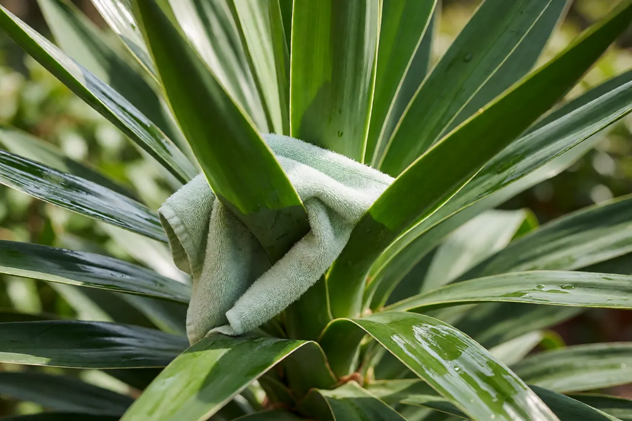 Yucca-elefante saud&aacute;vel em vaso com folhas limpas e brilhantes