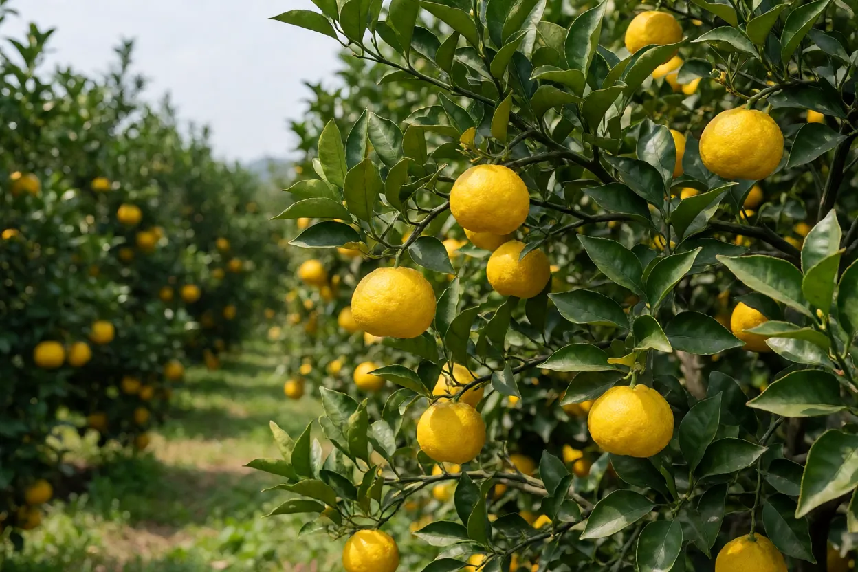 Árvore de yuzu carregada de frutos amarelos entre folhas verdes