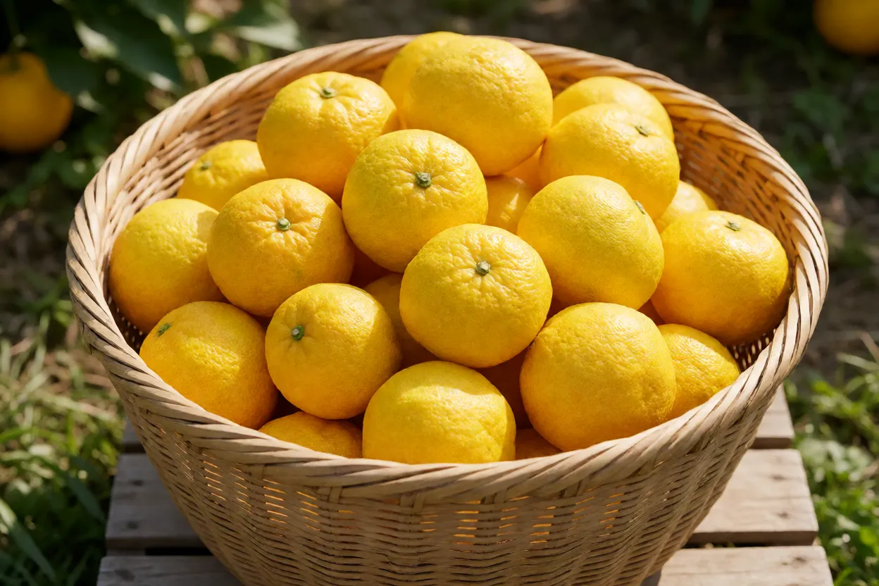 Cesto com colheita de yuzu recém-colhidos