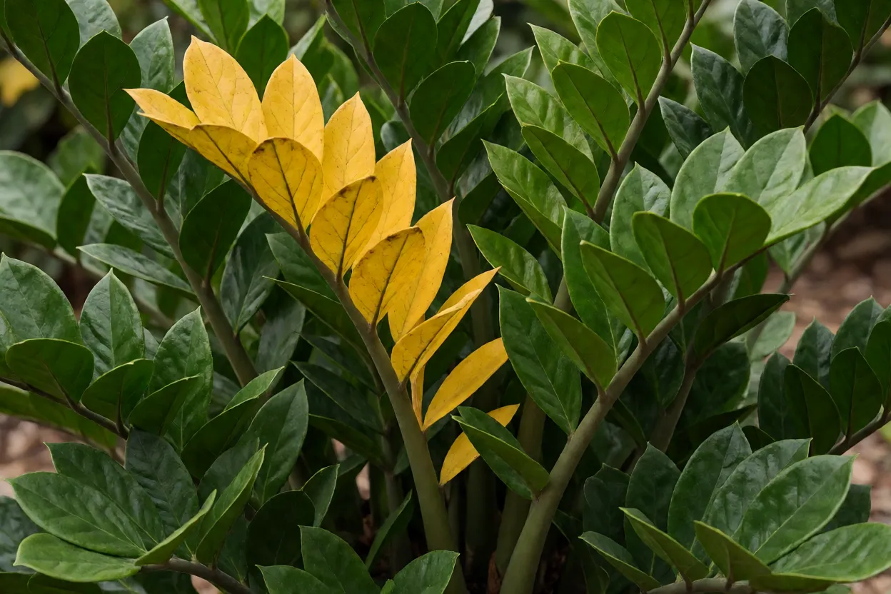 Zamioculcas com folhas amareladas por excesso de &aacute;gua