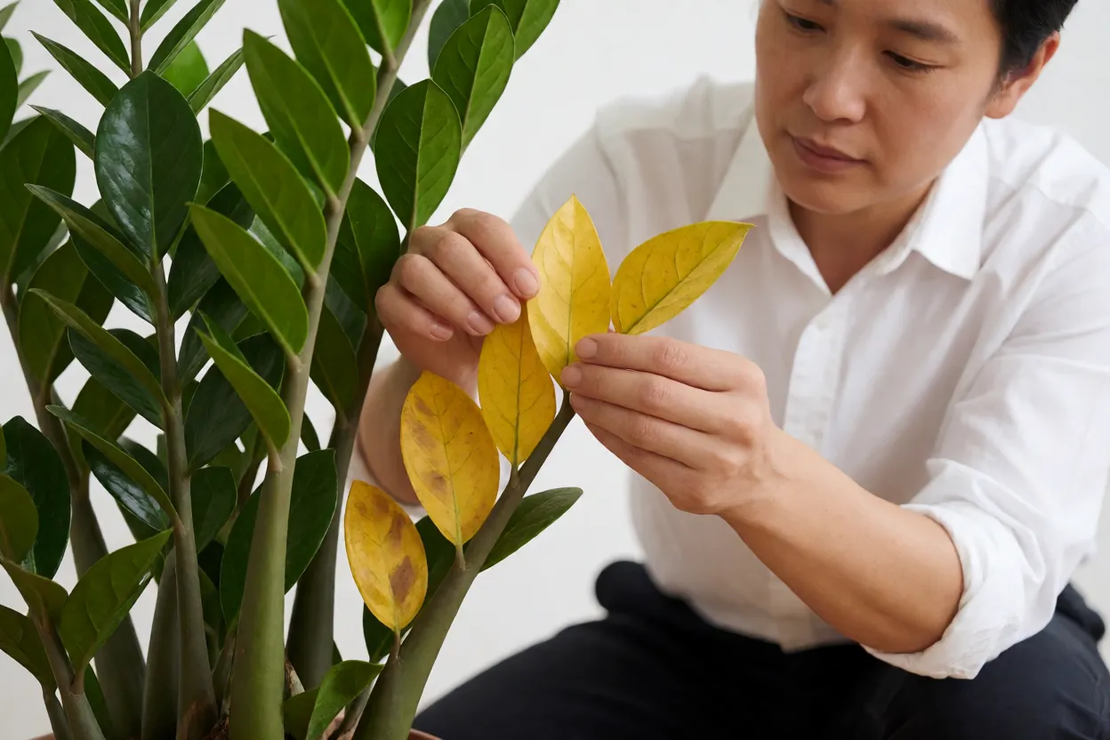 Folhas amarelas em Zamioculcas sendo avaliadas