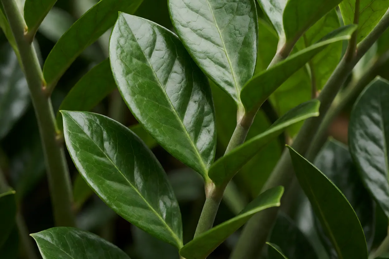 Detalhe das folhas brilhantes da Zamioculcas
