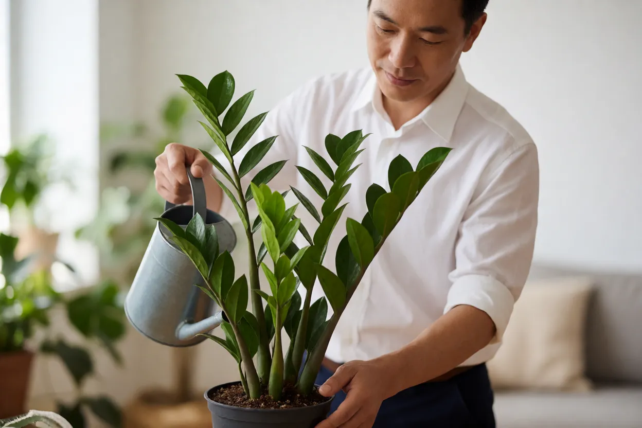 Rega cuidadosa de Zamioculcas em vaso com boa drenagem