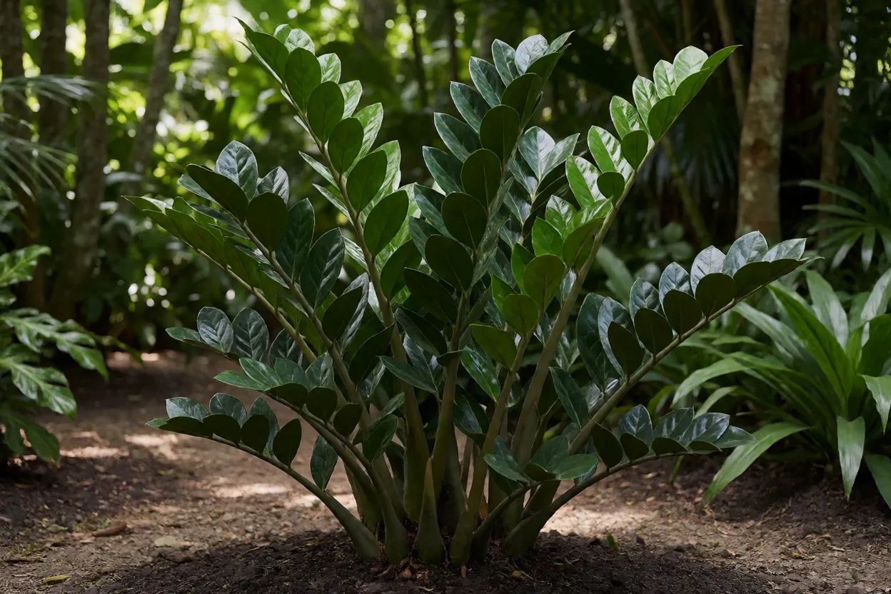 Zamioculcas plantada em jardim sombreado