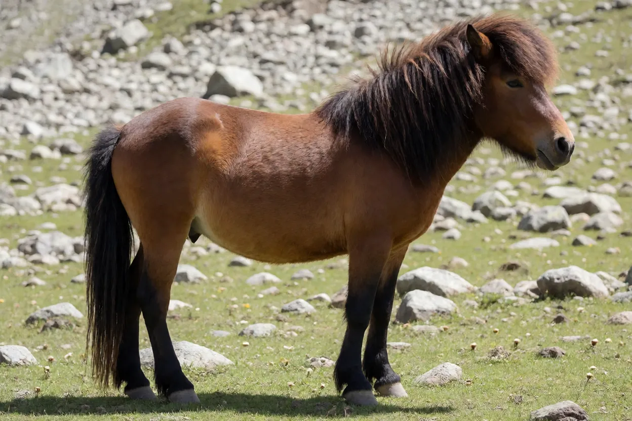 Cavalo Zaniskari adulto de corpo inteiro em pasto rochoso do Himalaia
