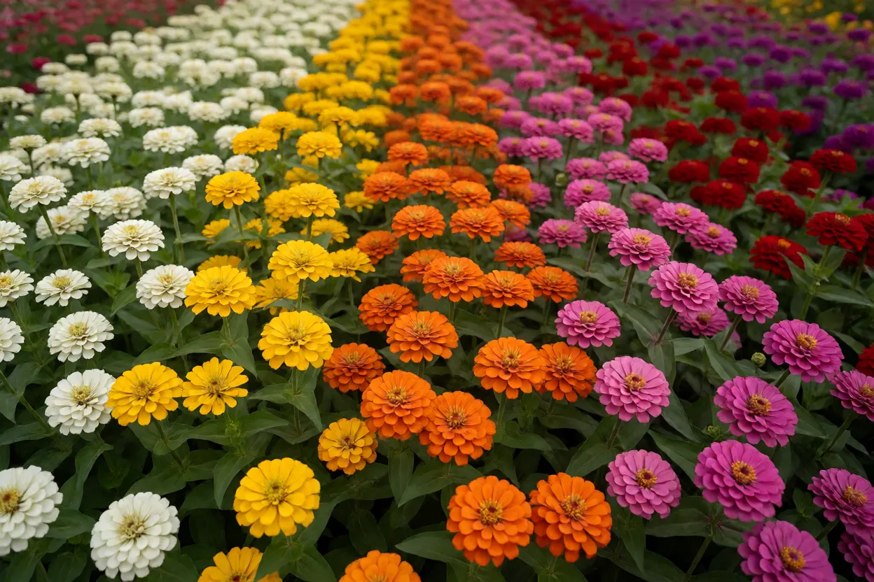 Campo de zínias mostrando variação de cores das flores