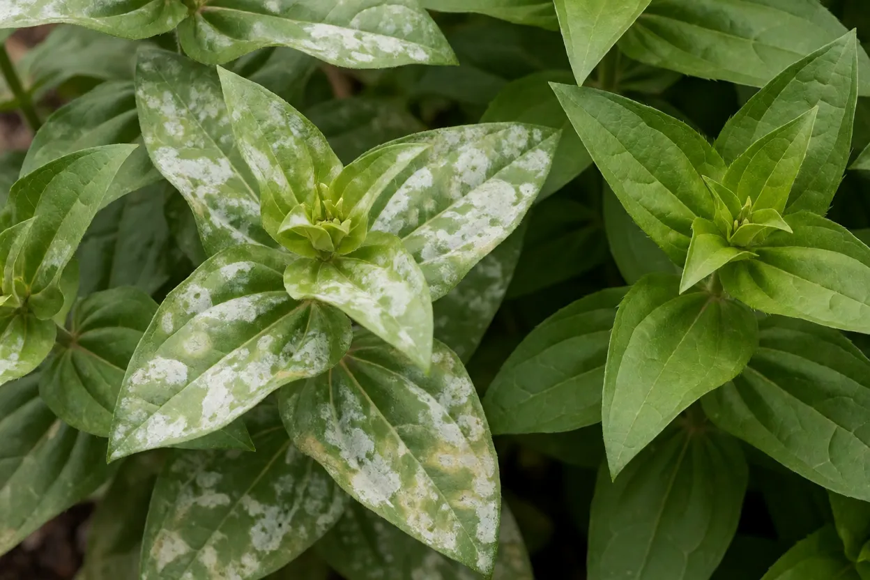 Folhas de zínia com sinais de oídio e plantas saudáveis ao lado